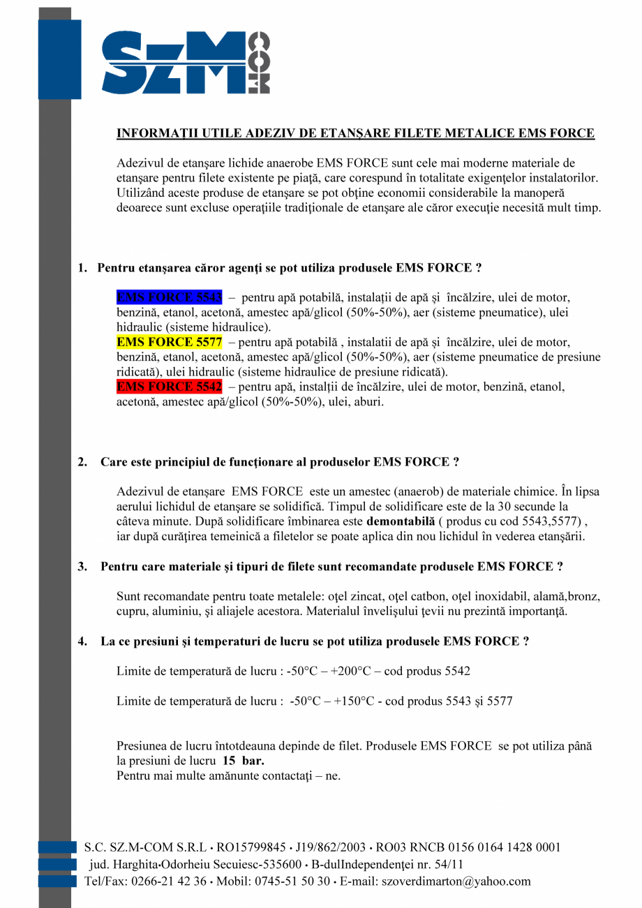 Pagina 1-Informati utile - Adeziv etansare filete metalice  EMS FORCE EMS FORCE 5542, EMS FORCE 5543, EMS...