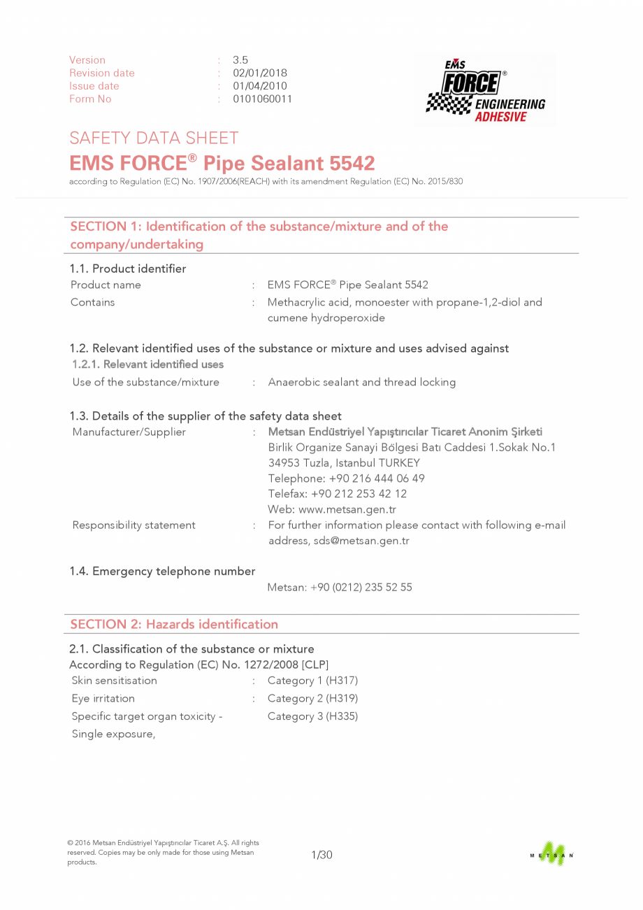 Pagina 1 - Prezentare produs - Adeziv etansare filete metalice EMS FORCE EMS FORCE 5542 Catalog,...