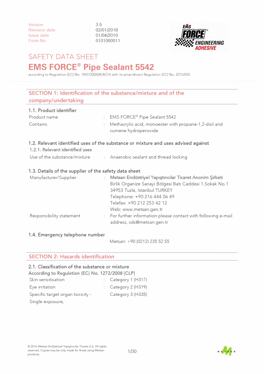 Pagina 1-Prezentare produs - Adeziv etansare filete metalice EMS FORCE EMS FORCE 5542 Catalog, brosura...