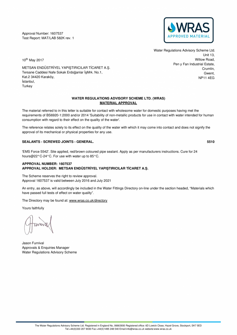 Pagina 1-Certificat WRAS pentru adeziv etansare filete metalice EMS FORCE EMS FORCE 5542 Certificare produs...