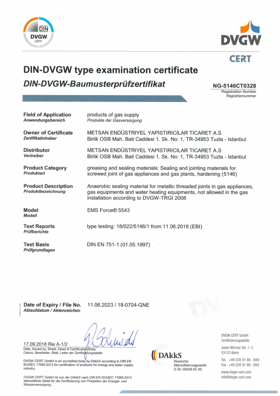 Pagina 1-Certificat DVGW - Adeziv pentru etansare filete metalice EMS FORCE EMS FORCE 5543 Certificare produs...