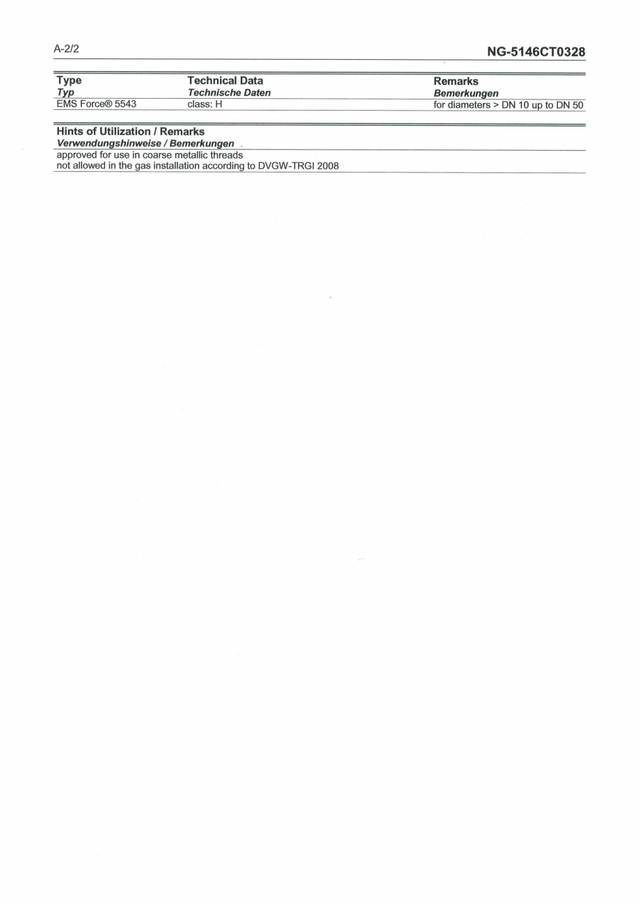 Pagina 2 - Certificat DVGW - Adeziv pentru etansare filete metalice EMS FORCE EMS FORCE 5543...