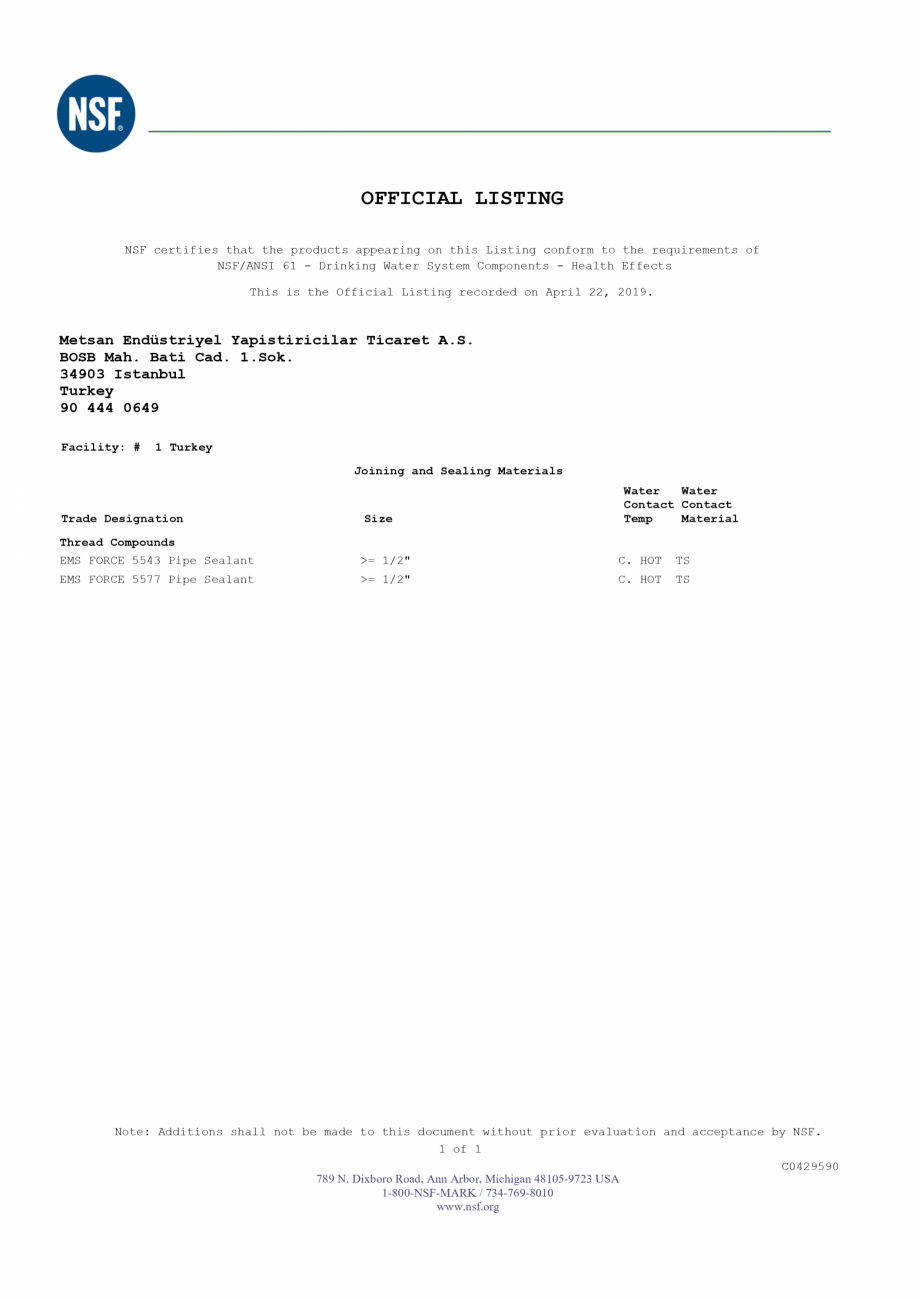 Pagina 1 - Certificare NSF - Adeziv pentru etansare filete metalice EMS FORCE EMS FORCE 5543, EMS...