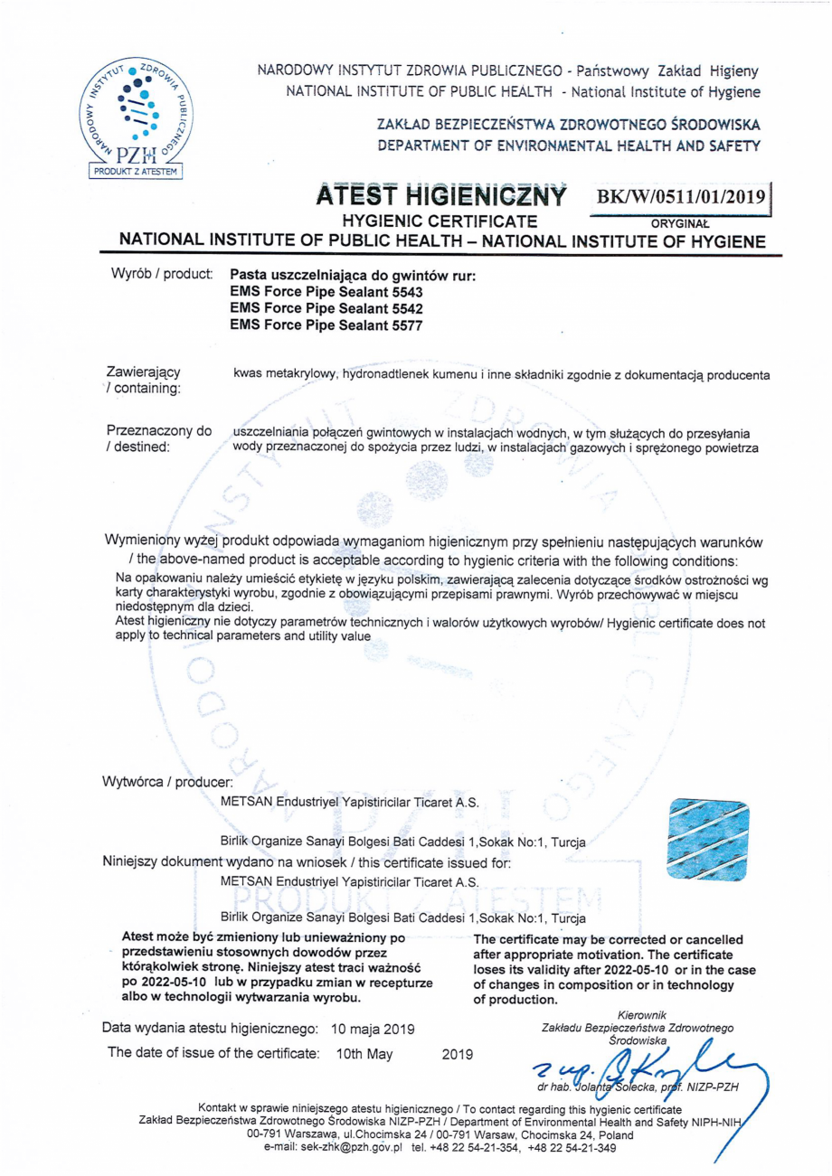 Pagina 1 - Certificat PZH - Adezivi pentru etansare filete metalice EMS FORCE EMS FORCE 5542, EMS...
