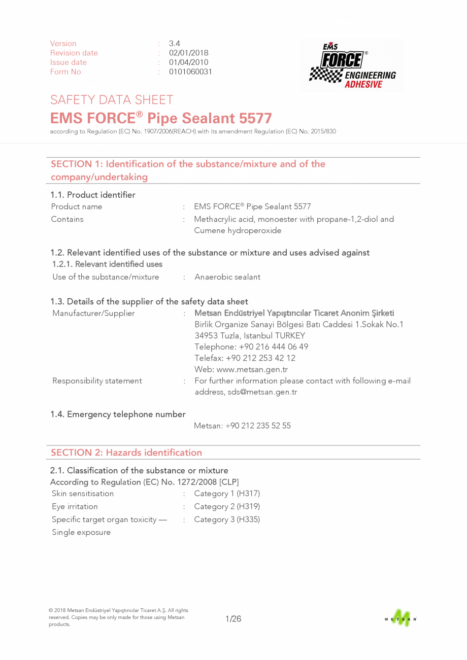 Pagina 1-Descriere produs - adeziv etansare filete metalice EMS FORCE EMS FORCE 5577 Catalog, brosura Engleza...