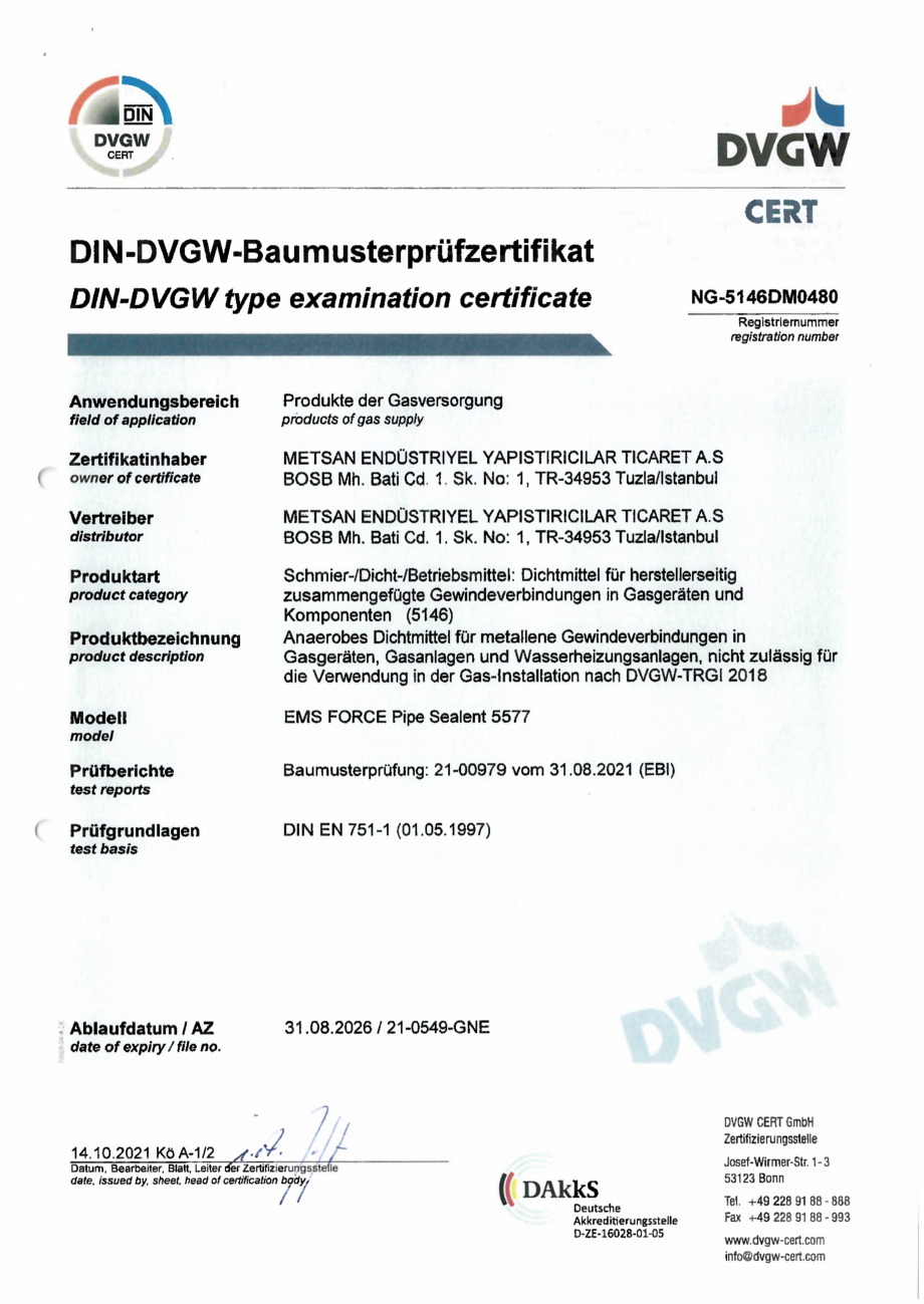 Pagina 1-Certificat DVGW - Adeziv pentru etansare filete metalice EMS FORCE EMS FORCE 5577 Certificare produs...