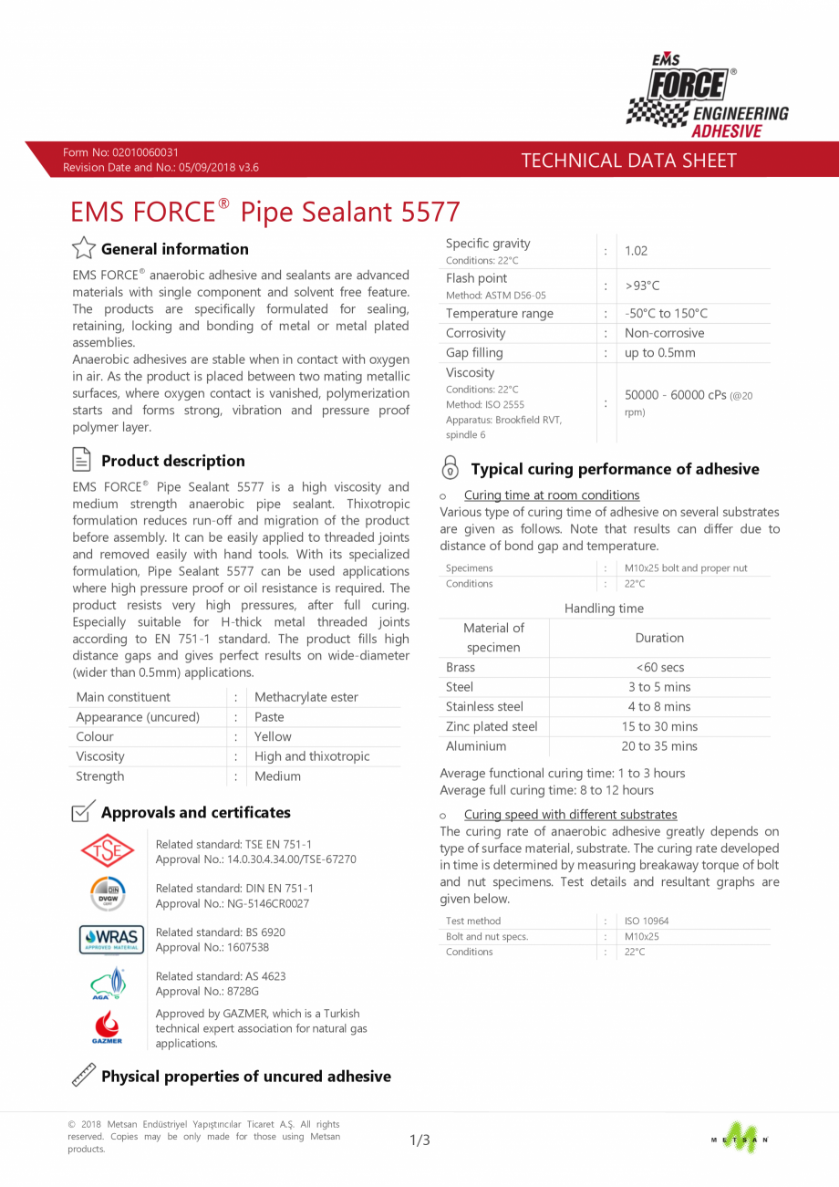 Pagina 1-Adeziv etansare filete metalice - date tehnice EMS FORCE EMS FORCE 5577 Fisa tehnica Engleza Form...