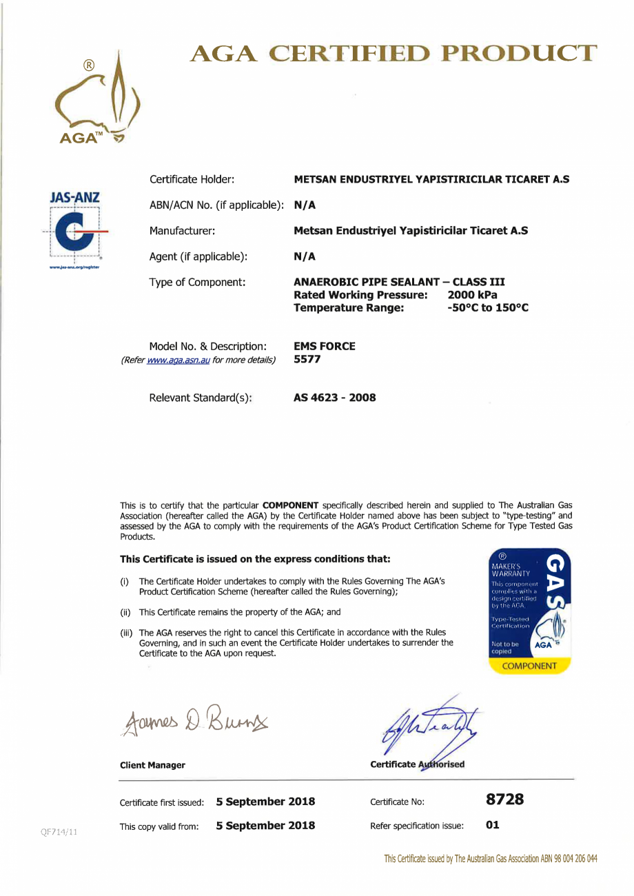 Pagina 1 - Certificat AGA pentru adeziv etansare filete metalice EMS FORCE EMS FORCE 5577...