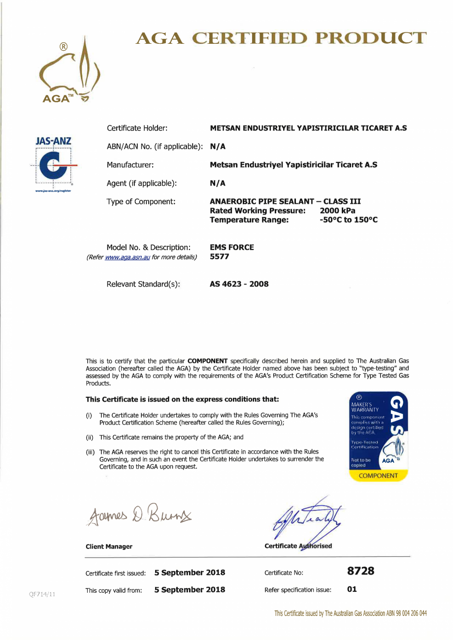 Pagina 1-Certificat AGA pentru adeziv etansare filete metalice EMS FORCE EMS FORCE 5577 Certificare produs...