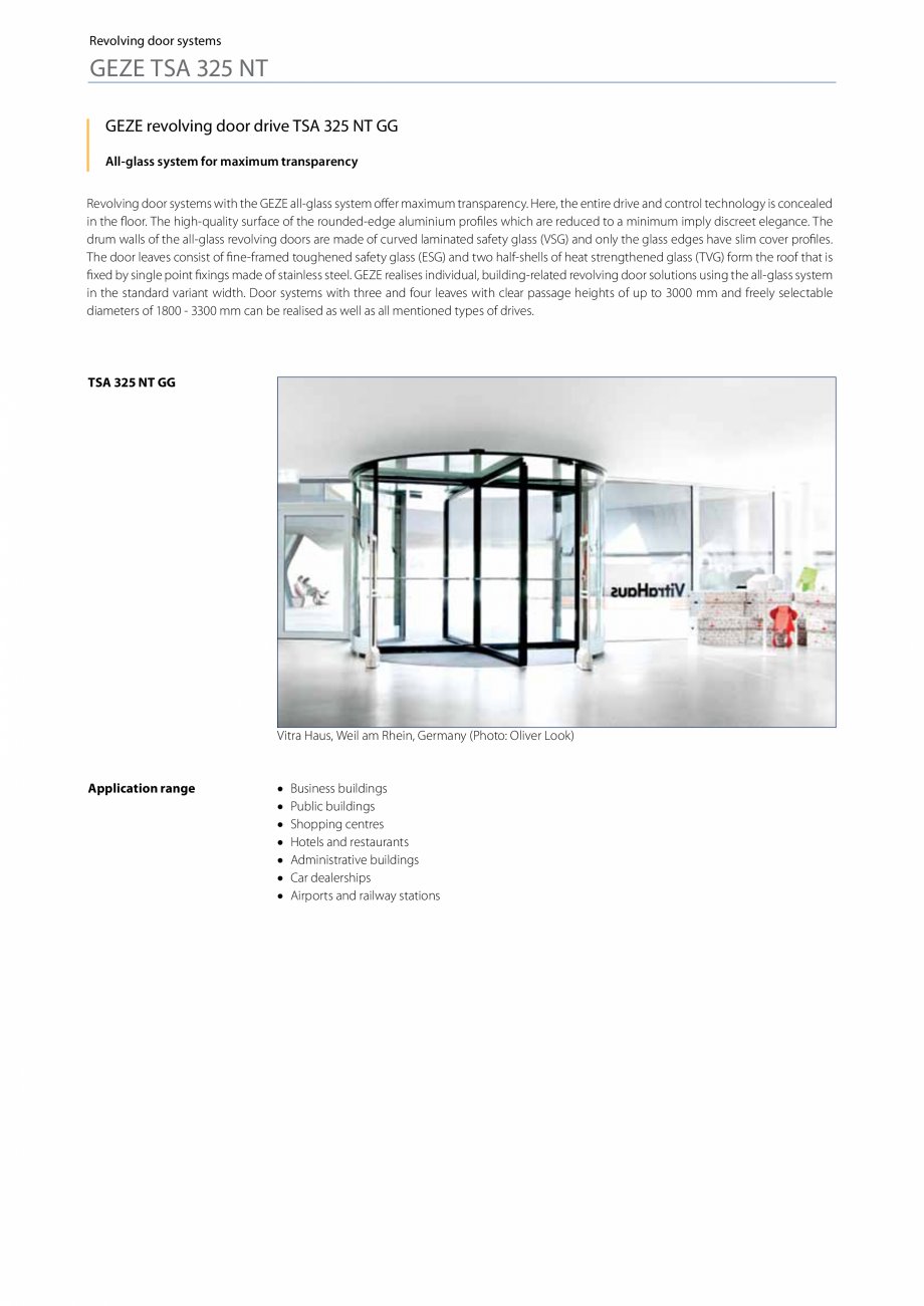 Pagina 1-Sistem de usa rotativa automata GEZE TSA 325 NT GG Fisa tehnica Engleza Revolving door systems

GEZE...