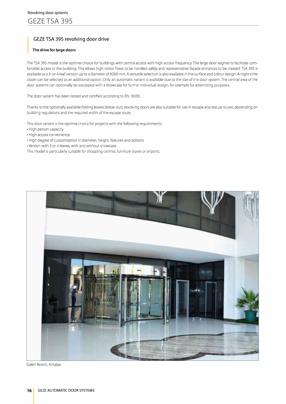 Pagina 1-Sistem de usa rotativa automata pentru usile cu trei sau patru canaturi GEZE TSA 395 Fisa tehnica...