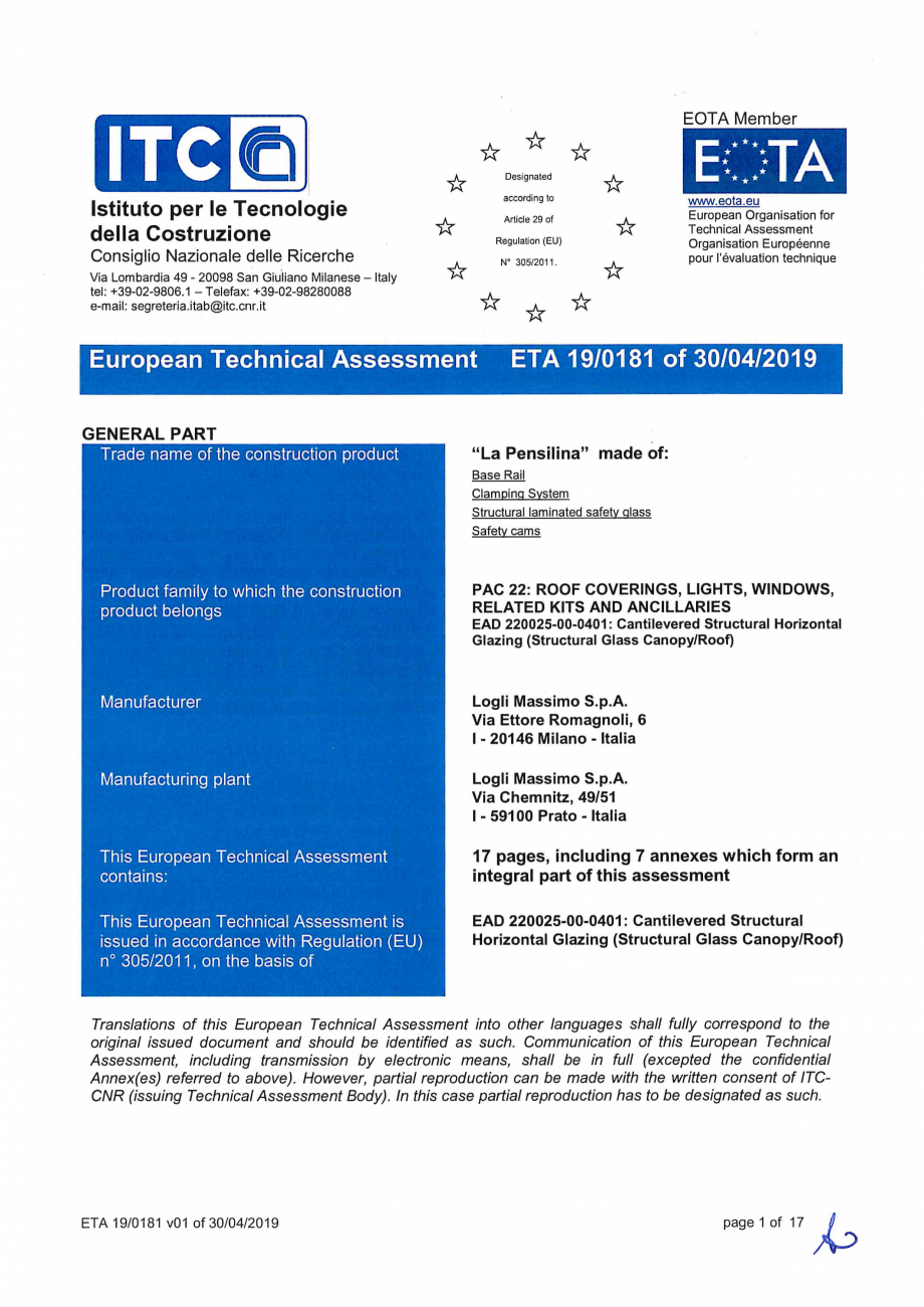 Pagina 1-Copertine din sticla ETA 19-0181 din 30/04/2019 LOGLI MASSIMO Certificare produs Engleza...
