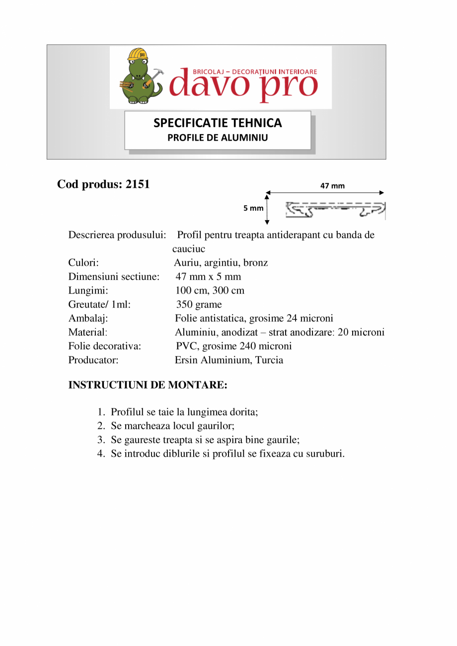 Pagina 1-Profile drepte pentru treapta cu banda de cauciuc din aluminiu - Cod 42116 Ersin Aluminyum 2151...