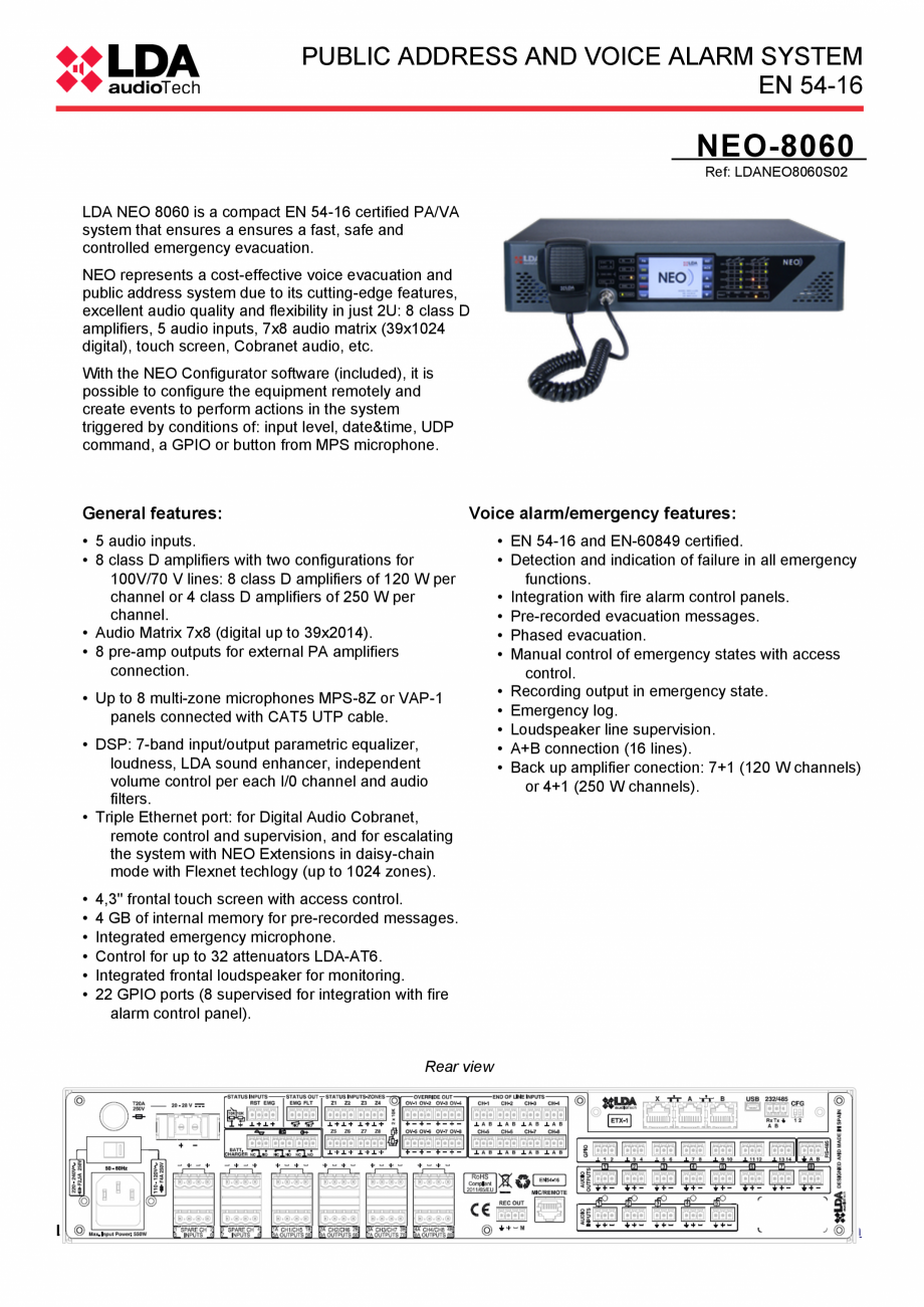 Pagina 1-Unitate centrala sistem de evacuare si adresare publica compact - fisa tehnica LDA Audio Tech NEO...