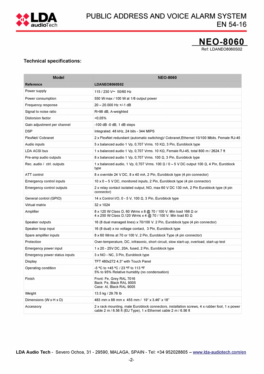 Pagina 2-Unitate centrala sistem de evacuare si adresare publica compact - fisa tehnica LDA Audio Tech NEO...