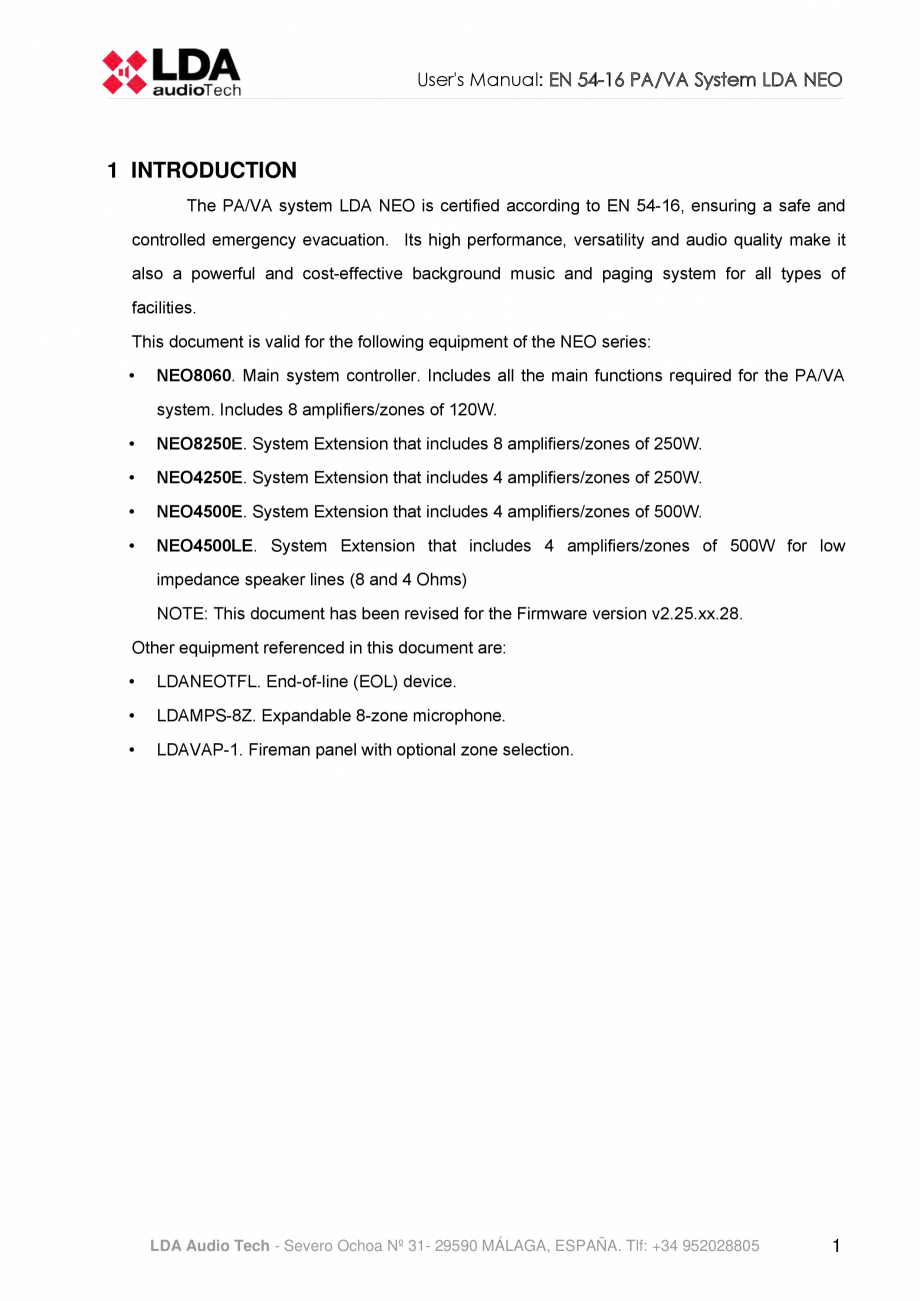 Pagina 5-Manualul  utilizatorului - Unitate centrala sistem de evacuare si adresare publica compact - NEO LDA...