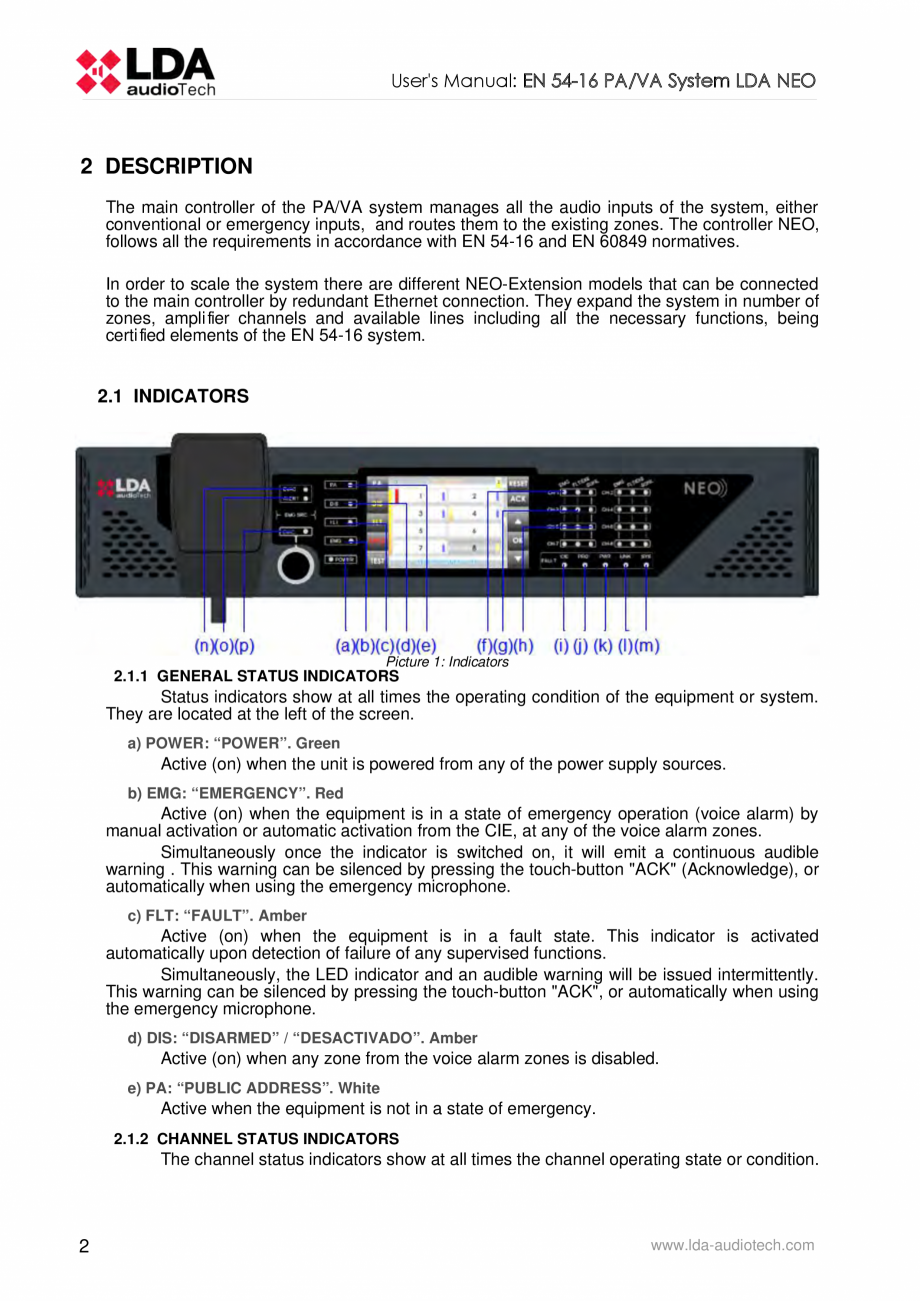 Pagina 6-Manualul  utilizatorului - Unitate centrala sistem de evacuare si adresare publica compact - NEO LDA...