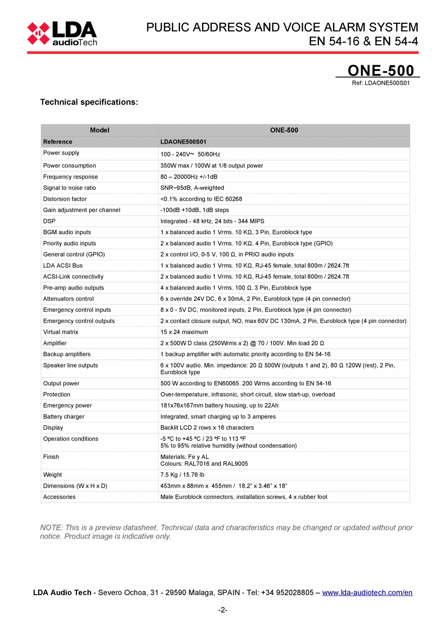 Pagina 2-Unitate centrala sistem de evacuare si adresare publica compact EN54-16 - fisa tehnica LDA Audio...
