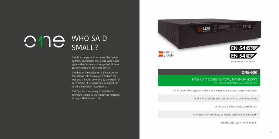 Pagina 2-Sistem de evacuare si adresare publica compact EN54-16 - LDA ONE LDA Audio Tech ONE-500 Catalog,...