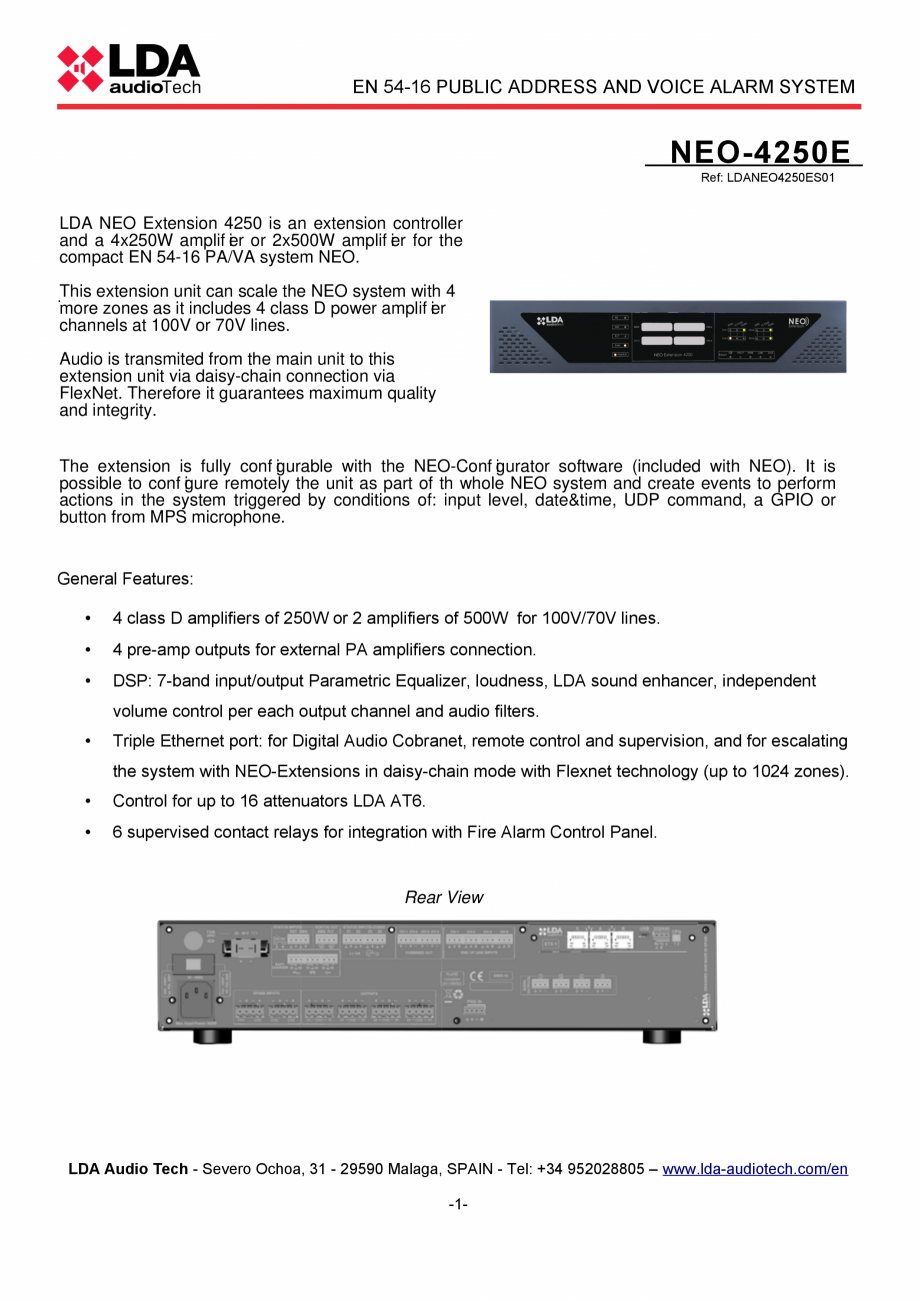 Pagina 1-Modul extensie cu amplificator 4x250W pentru sistem PA/VA - fisa tehnica LDA Audio Tech NEO 4250-E...