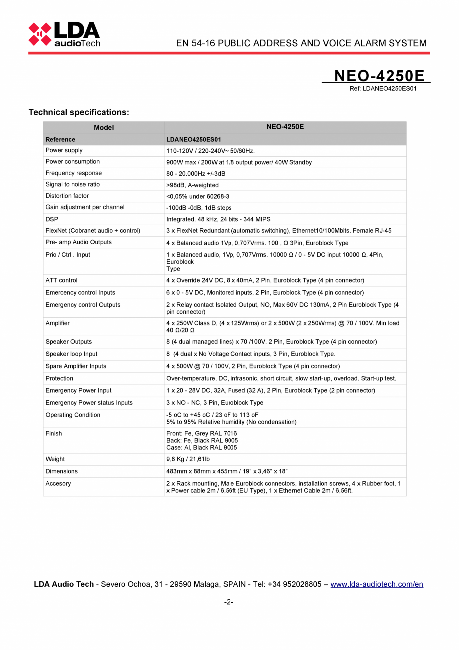 Pagina 2-Modul extensie cu amplificator 4x250W pentru sistem PA/VA - fisa tehnica LDA Audio Tech NEO 4250-E...