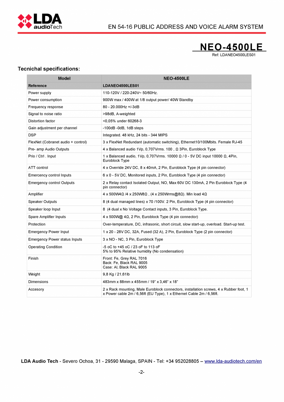 Pagina 2-Modul extensie cu amplificator 4x500W @ 4 ohm pentru sistem PA/VA - fisa tehnica LDA Audio Tech NEO ...