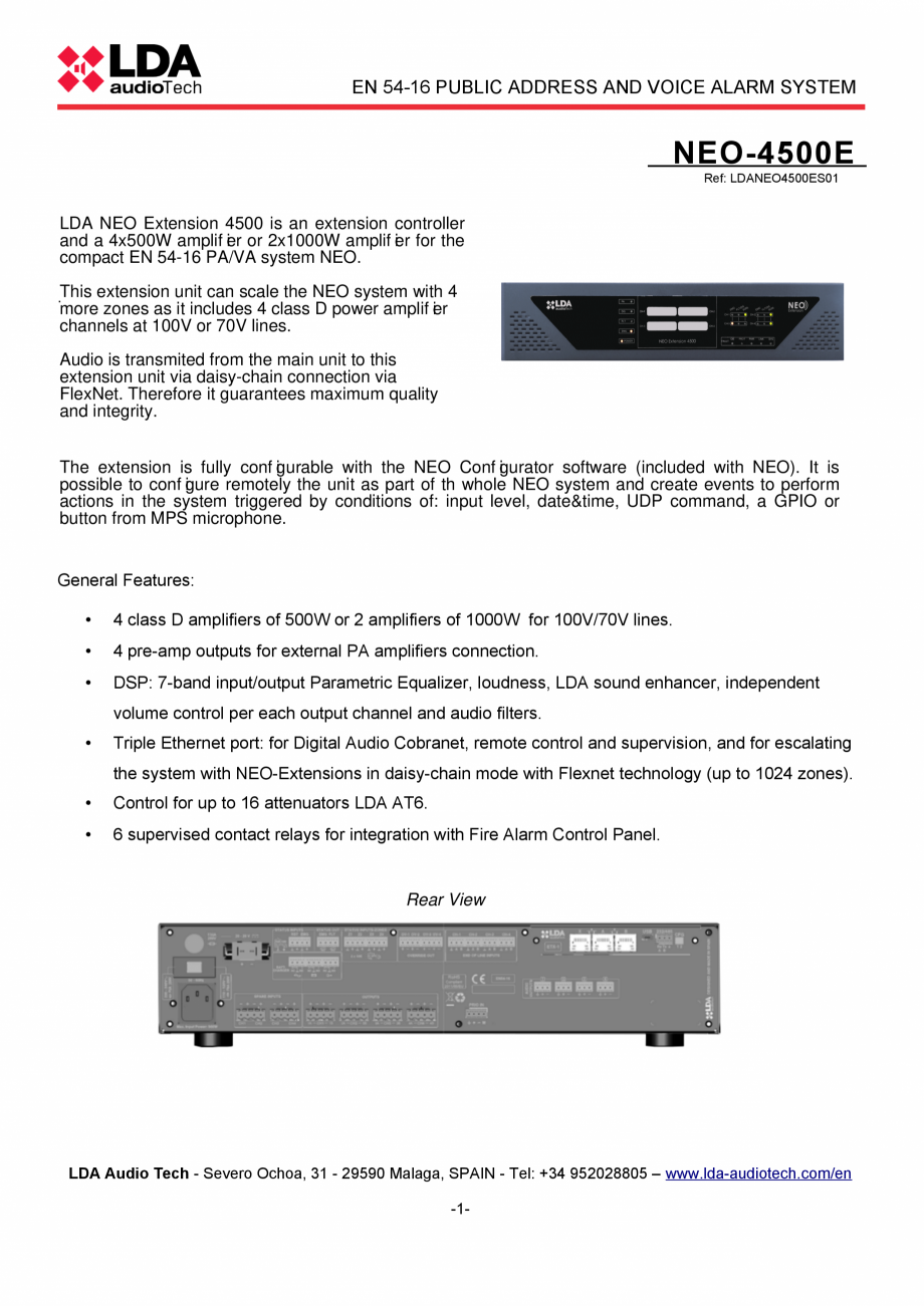 Pagina 1 - Modul extensie cu amplificator 4x500W pentru sistem PA/VA - fisa tehnica LDA Audio Tech...