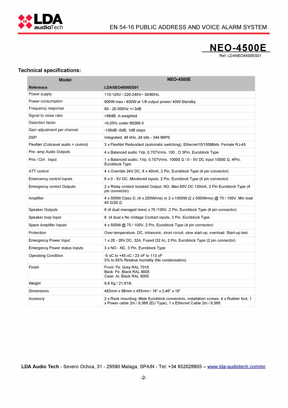 Pagina 2-Modul extensie cu amplificator 4x500W pentru sistem PA/VA - fisa tehnica LDA Audio Tech NEO 4500-E...