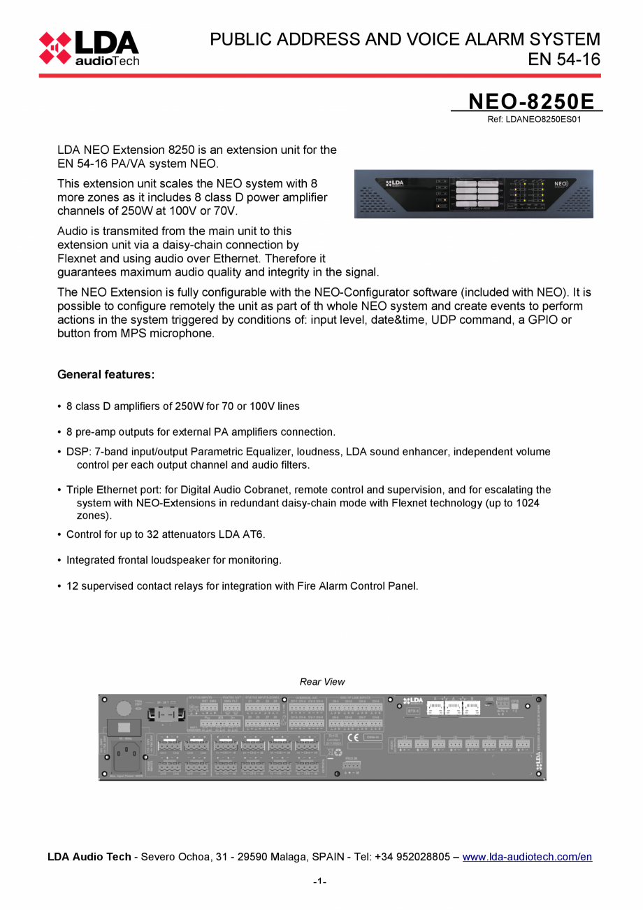 Pagina 1-Modul extensie cu amplificator 8x250W pentru sistem PA/VA LDA Audio Tech NEO 8250-E Fisa tehnica...