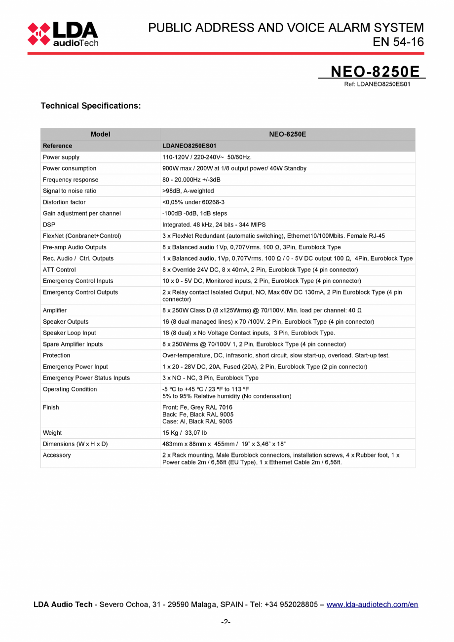 Pagina 2-Modul extensie cu amplificator 8x250W pentru sistem PA/VA LDA Audio Tech NEO 8250-E Fisa tehnica...