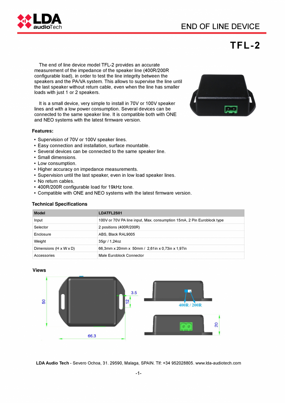Pagina 1-Dispozitiv end-of-line pentru sistemele PA/VA NEO si ONE - fisa tehnica LDA Audio Tech TFL-2 Fisa...
