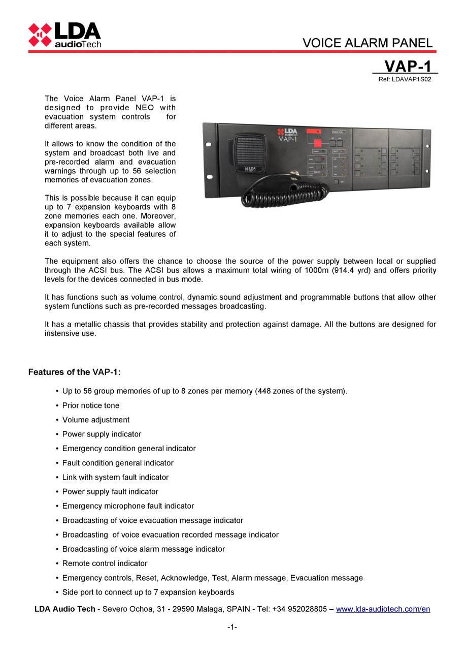 Pagina 1-Panou control alarmare vocala pentru sistemele PA/VA NEO si ONE - fisa tehnica LDA Audio Tech VAP-1 ...