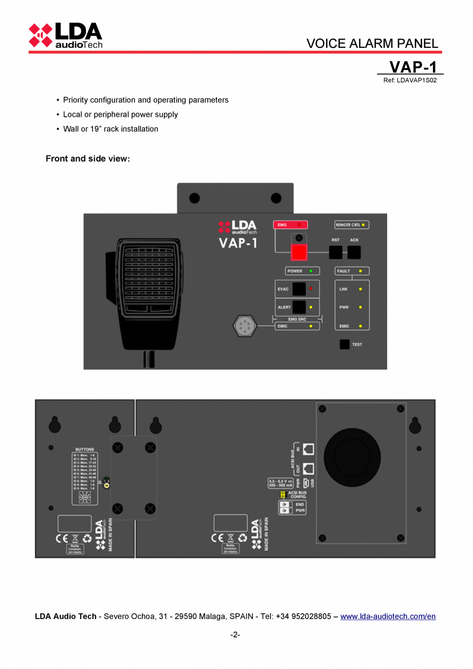 Pagina 2-Panou control alarmare vocala pentru sistemele PA/VA NEO si ONE - fisa tehnica LDA Audio Tech VAP-1 ...