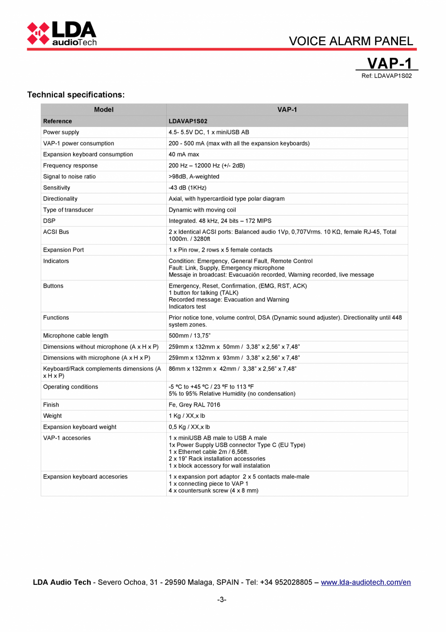 Pagina 3-Panou control alarmare vocala pentru sistemele PA/VA NEO si ONE - fisa tehnica LDA Audio Tech VAP-1 ...