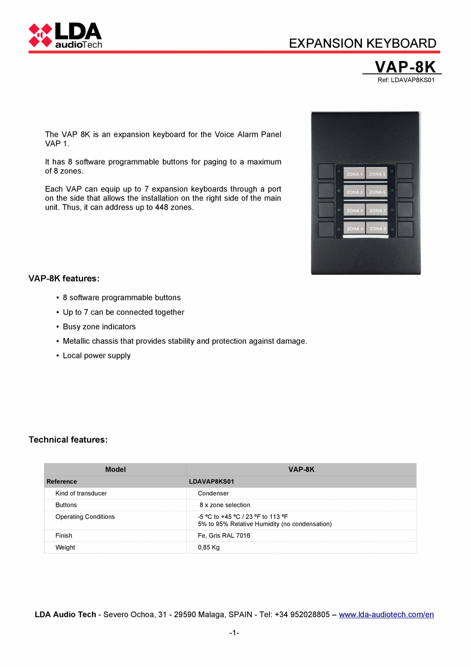 Pagina 1-Extensie panou control alarmare vocala pentru sistemele PA/VA NEO si ONE - fisa tehnica LDA Audio...