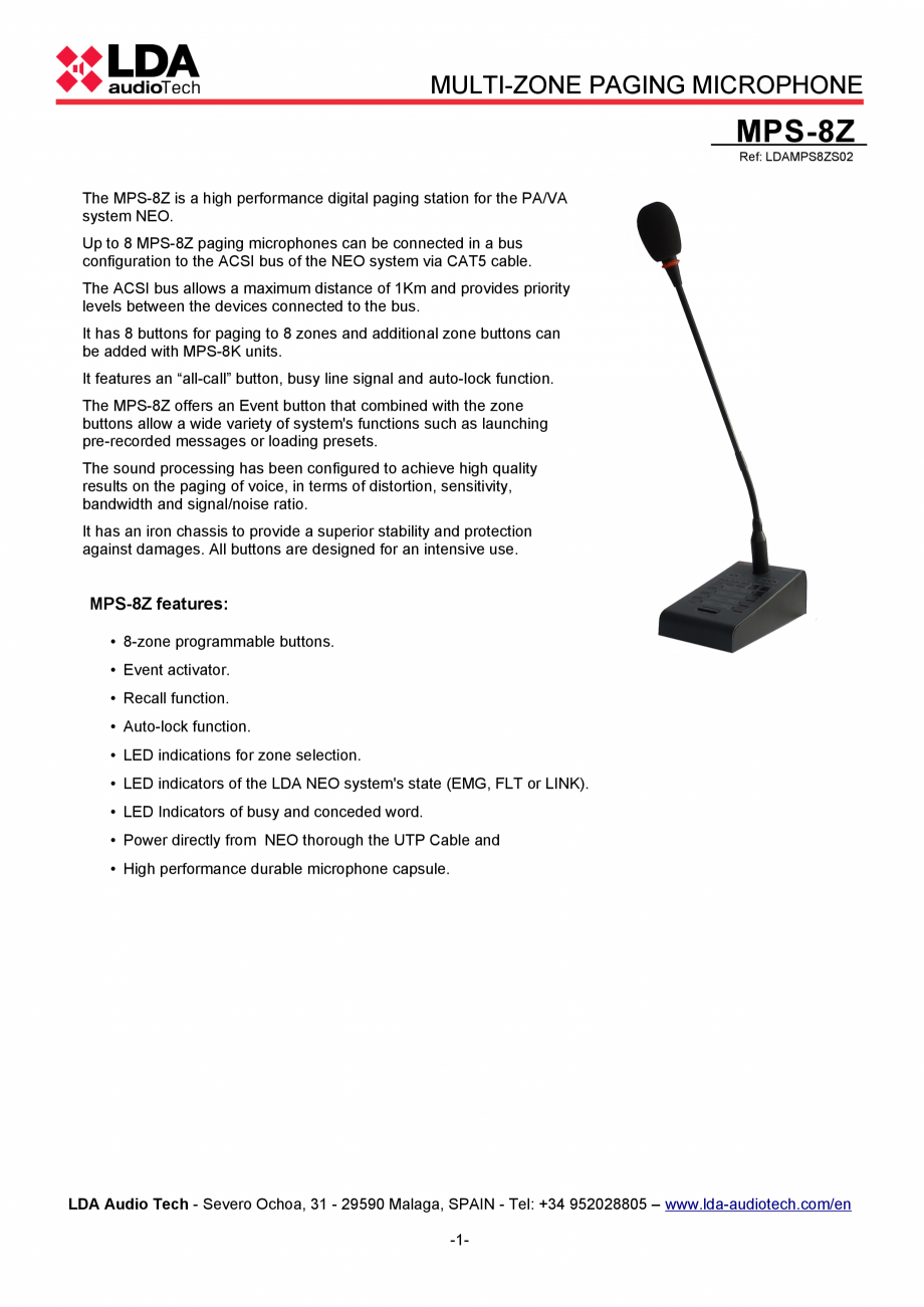 Pagina 1-Statie de paging multi-zone pentru sistemele PA/VA NEO si ONE - fisa tehnica LDA Audio Tech MPS-8Z...