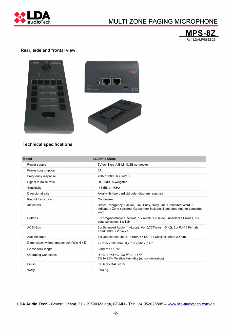 Pagina 2-Statie de paging multi-zone pentru sistemele PA/VA NEO si ONE - fisa tehnica LDA Audio Tech MPS-8Z...