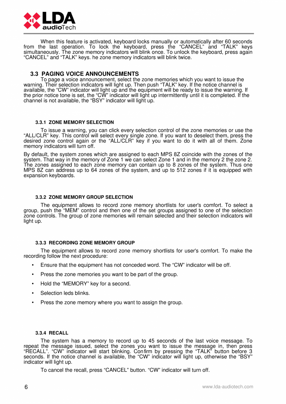 Pagina 10-Manualul utilizatorului - Statie de paging multi-zone pentru sistemele PA/VA NEO si ONE LDA Audio...