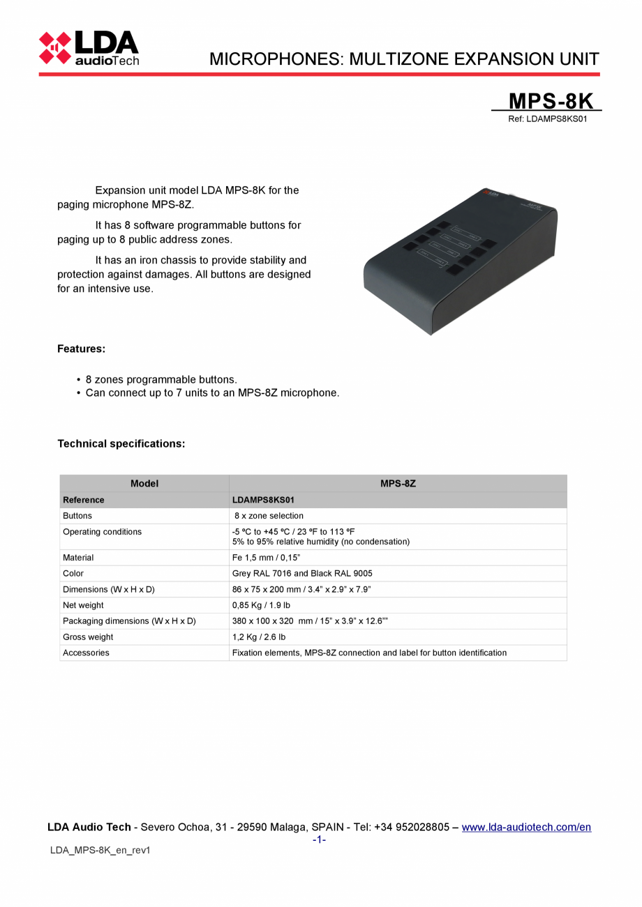 Pagina 1-Extensie pentru statia de paging MPS-8Z pentru sistemele PA/VA NEO si ONE LDA Audio Tech MPS-8K Fisa...