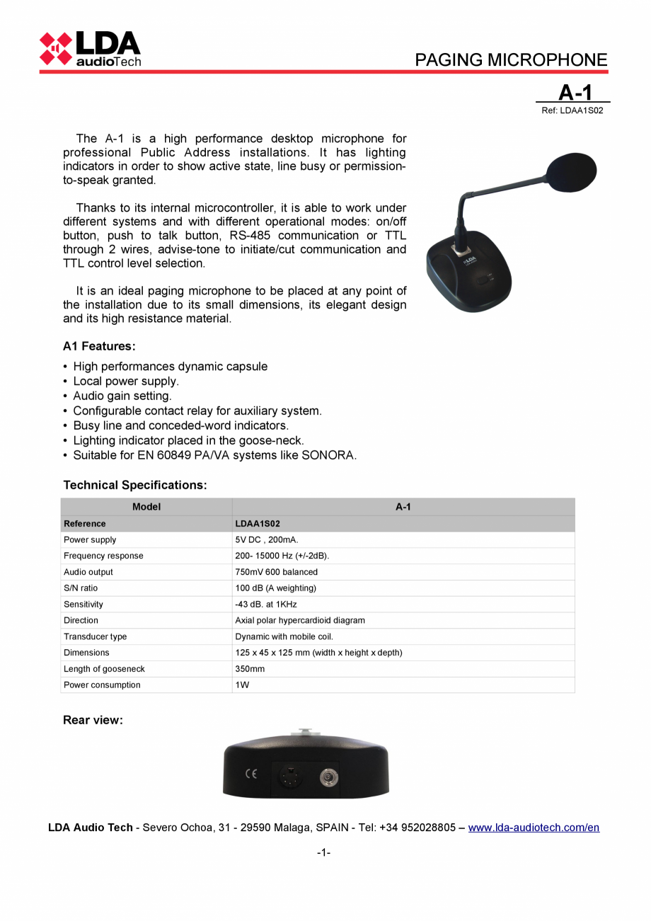 Pagina 1 - Statie de paging cu 1 zona pentru sistemele PA/VA NEO si ONE -fisa tehnica LDA Audio Tech...