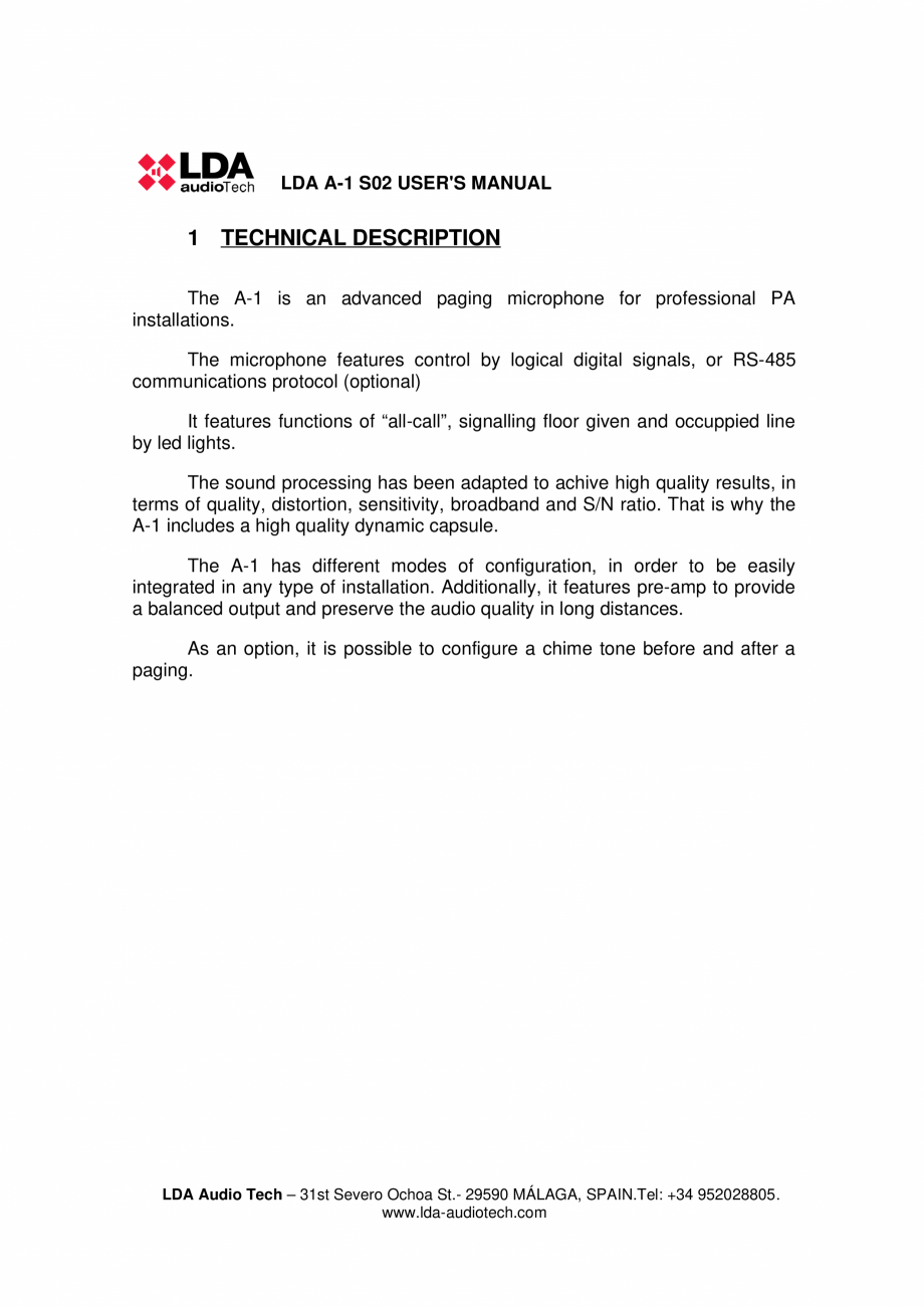 Pagina 4-Manualul utilizatorului - Statie de paging cu 1 zona pentru sistemele PA/VA NEO si ONE LDA Audio...