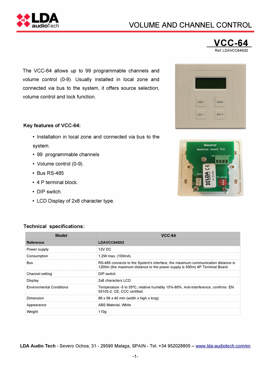 Pagina 1-Panou de control de perete pentru sistemul PA/VA NEO - fisa tehnica LDA Audio Tech Tech VCC-64 Fisa ...