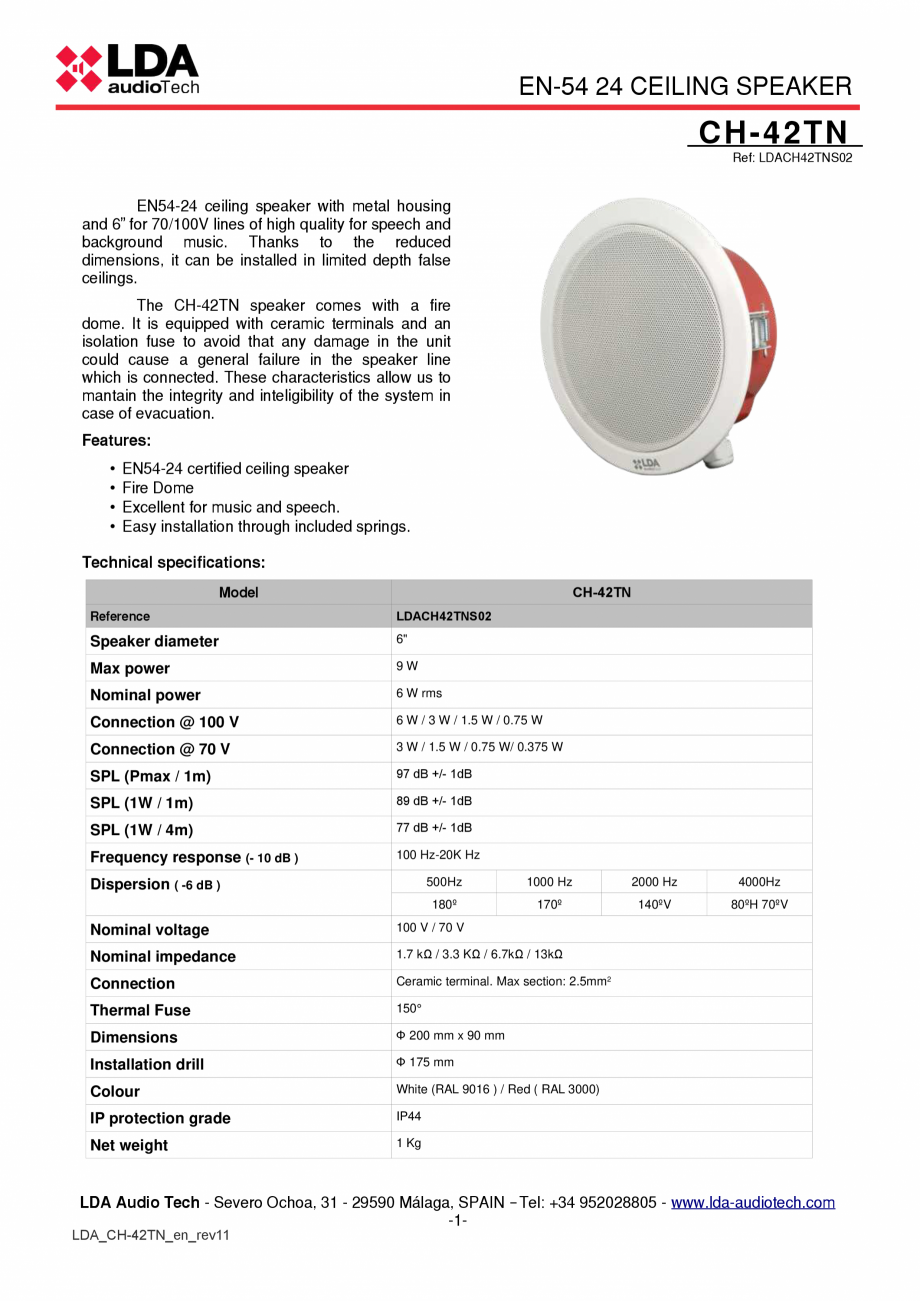 Pagina 1-LDA Audio Tech CH-42TN Difuzor de tavan EN54-24 LDA Audio Tech Fisa tehnica Engleza EN-54 24 CEILING...