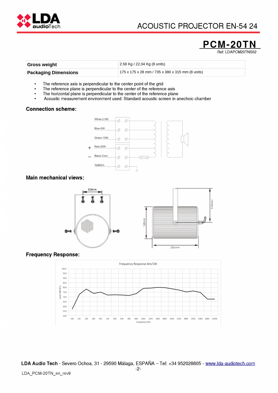 Pagina 2-Proiector de sunet EN54-24 - fisa tehnica LDA Audio Tech PCM-20TN Fisa tehnica Engleza 

5