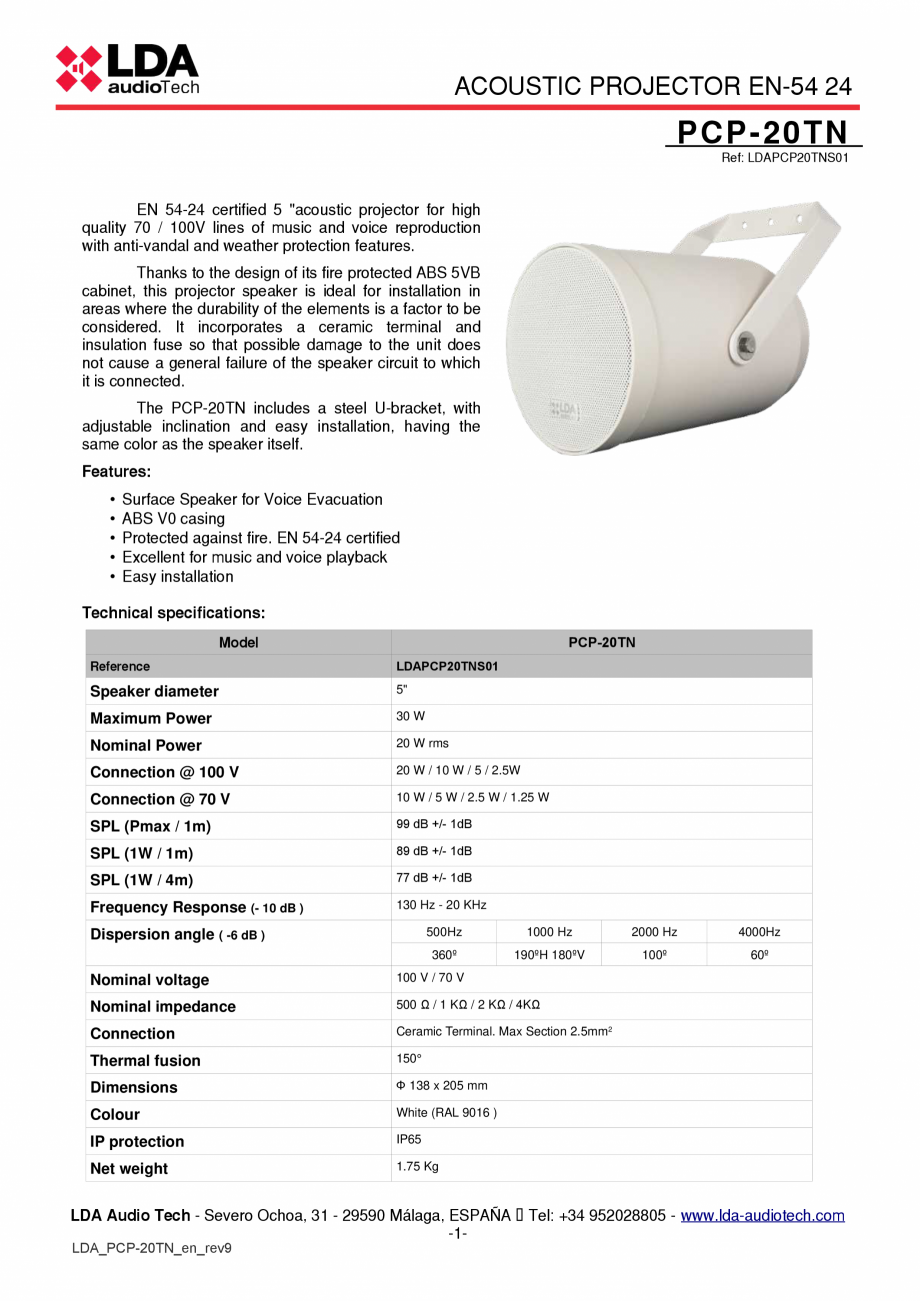 Pagina 1-Proiector de sunet EN54-24 - fisa tehnica LDA Audio Tech PCP-20TN Fisa tehnica Engleza ACOUSTIC...