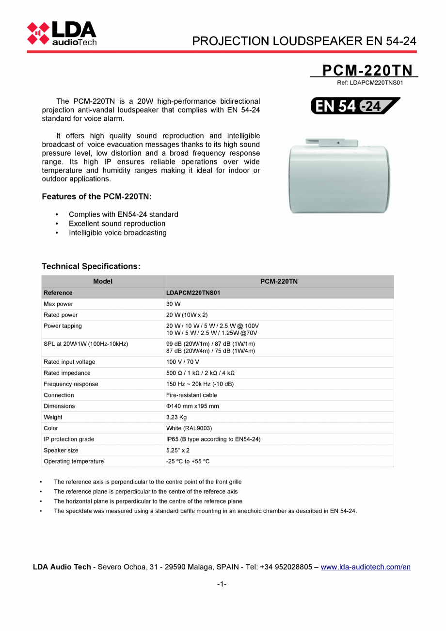 Pagina 1-Proiector de sunet bidirectional EN54-24 - fisa tehnica LDA Audio Tech PCM-220TN Fisa tehnica...