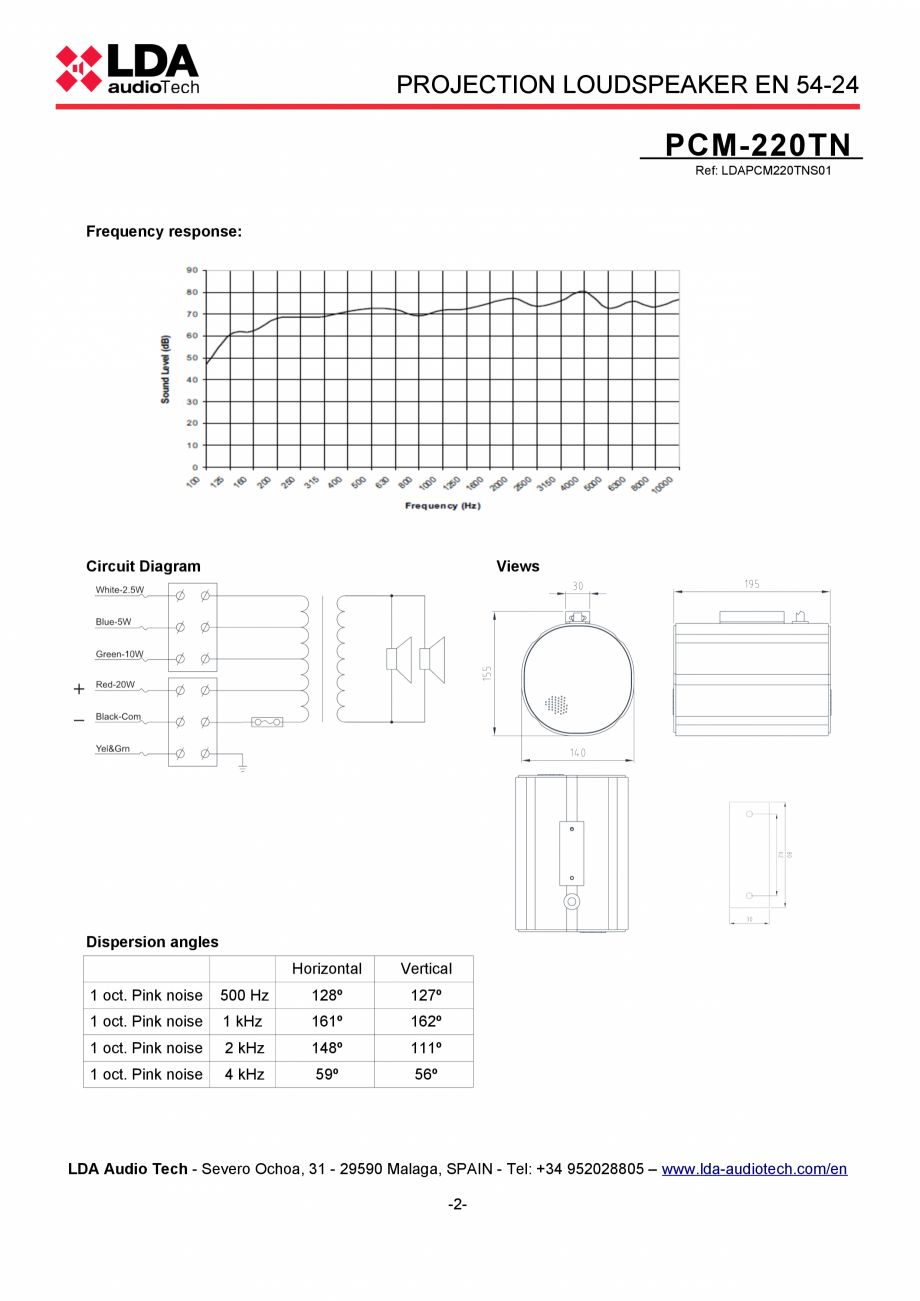 Pagina 2-Proiector de sunet bidirectional EN54-24 - fisa tehnica LDA Audio Tech PCM-220TN Fisa tehnica...