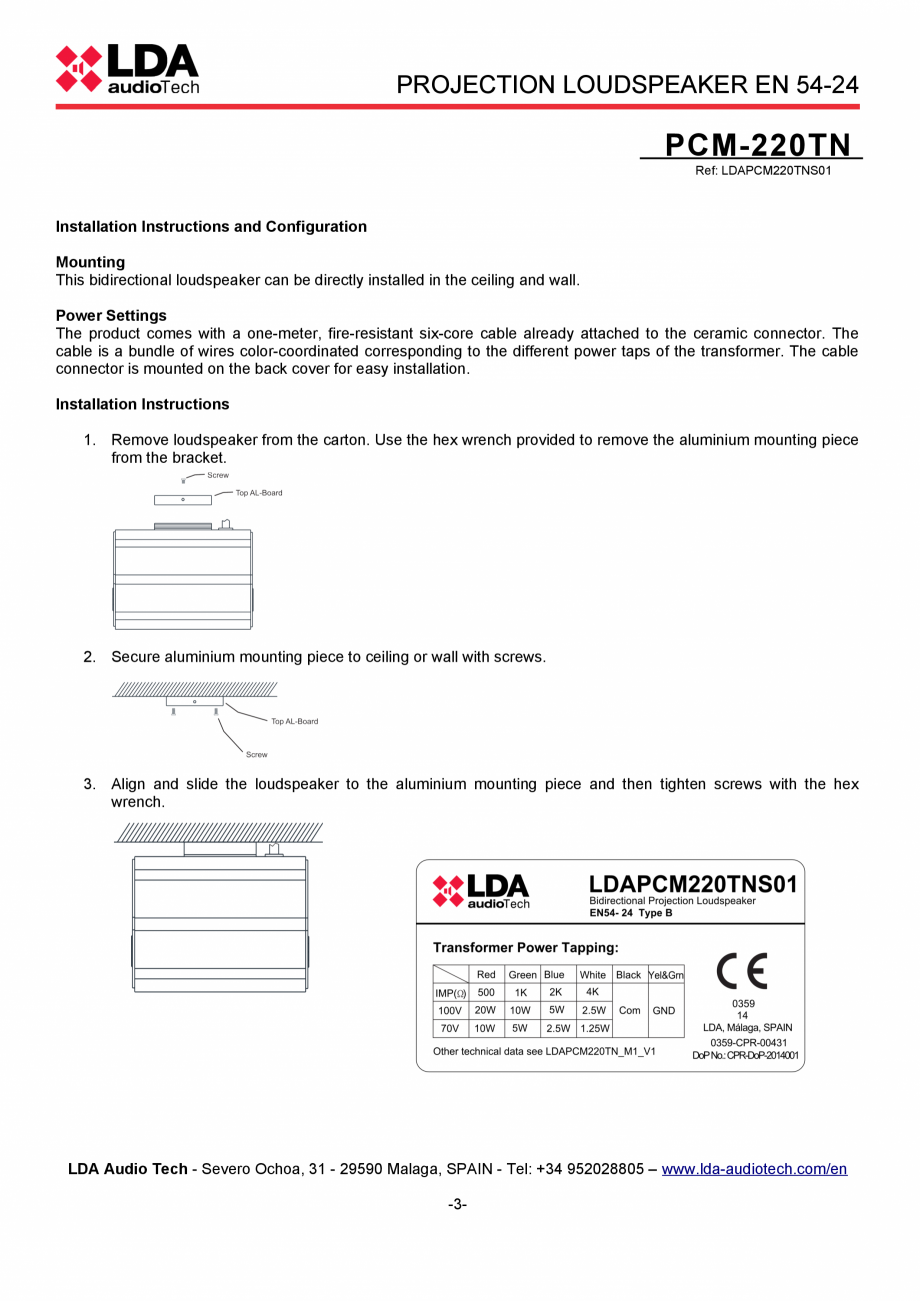 Pagina 3-Proiector de sunet bidirectional EN54-24 - fisa tehnica LDA Audio Tech PCM-220TN Fisa tehnica...
