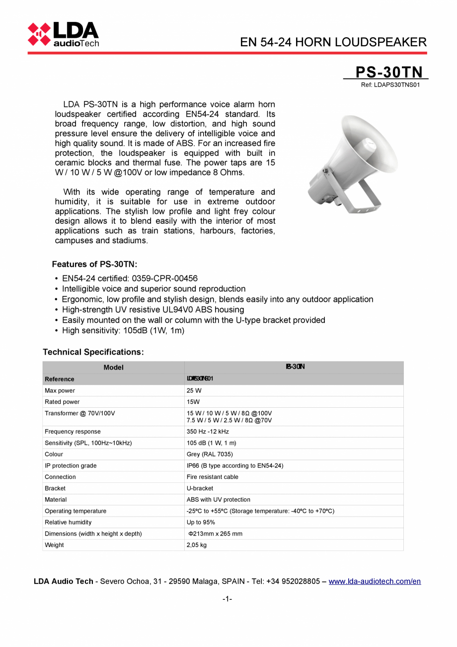 Pagina 1-Difuzor tip horn EN54-24 - fisa tehnica LDA Audio Tech PS-30TN Fisa tehnica Engleza EN 54-24 HORN...