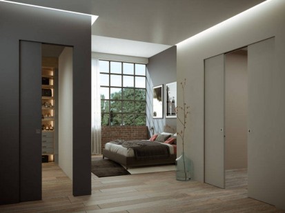 Vedere de aproape - usi culisante glisante in perete fara toc cu sisteme Essential by Scrigno